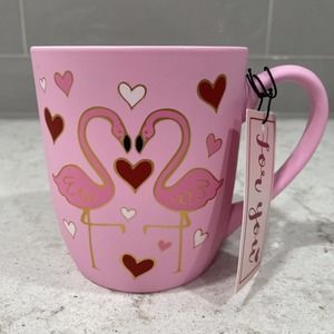 FLAMINGO LOVE Pink Soft Touch 16oz Mug Red Gold Valentines Hearts Sheffield Gift